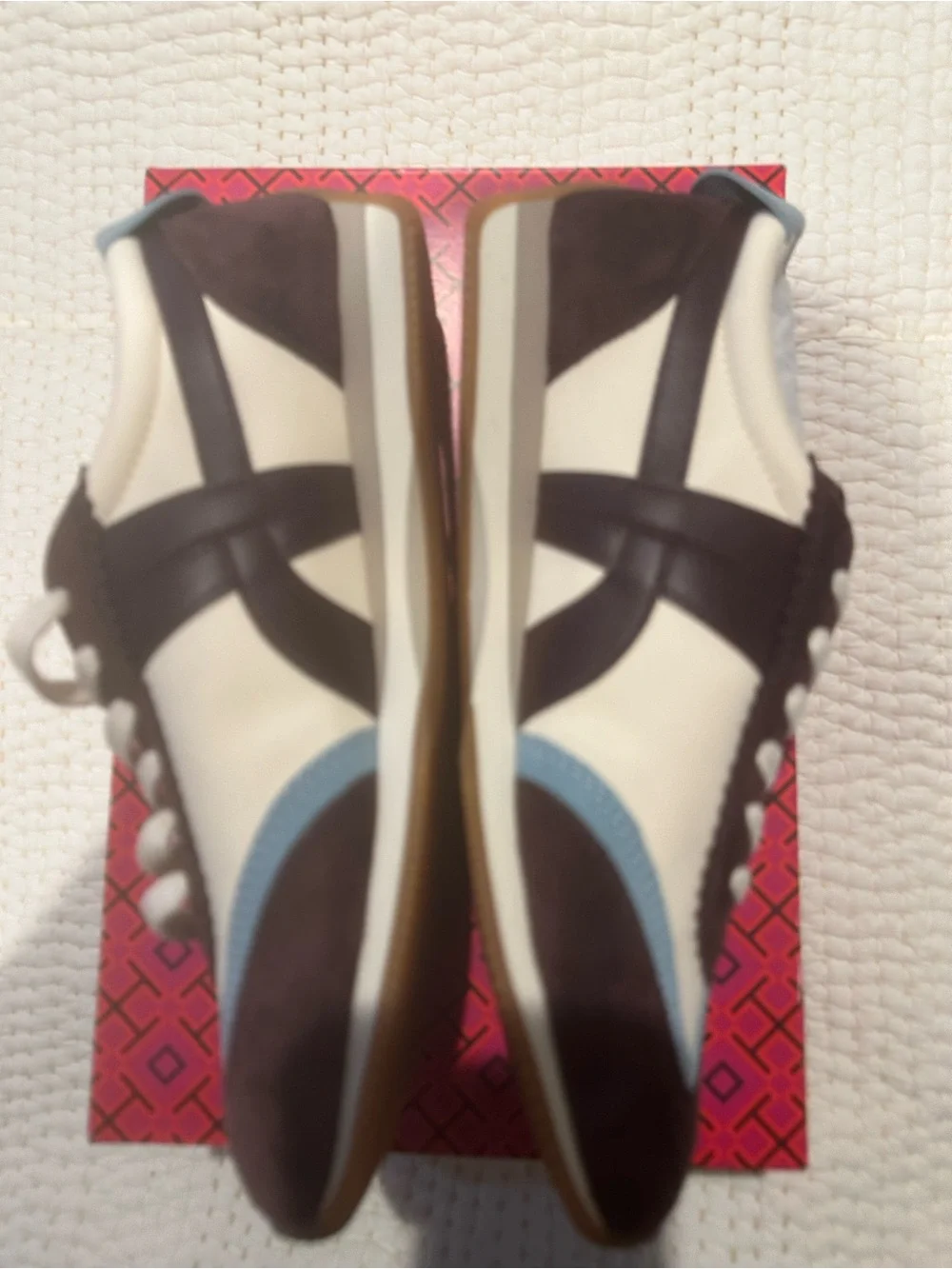 Tory Burch Cream,HANK SNEAKER  Light Blue & Dark Brown Suede Lace-Up Sneakers